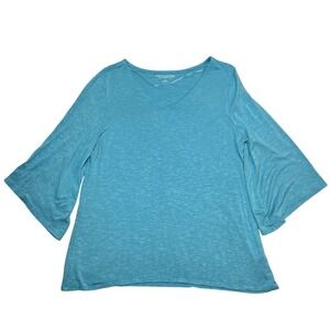 Soft Surroundings Bell Sleeve V Neck Slub Knit Top Teal Blue Women's Large